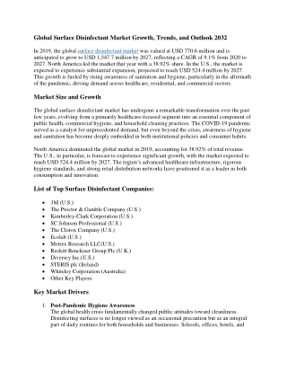 Global Surface Disinfectant Market Growth, Trends, and Outlook 2032