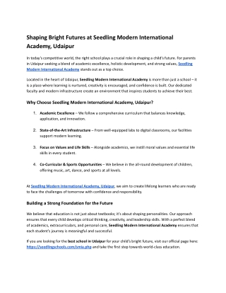 Shaping Bright Futures at Seedling Modern International Academy, Udaipur