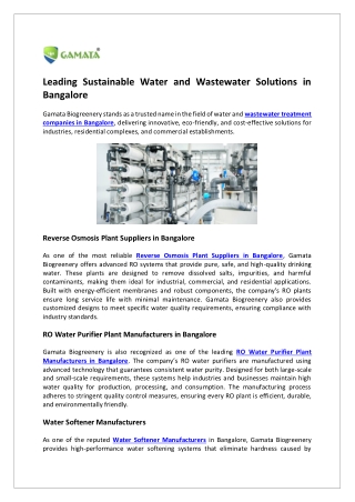 Leading Sustainable Water and Wastewater Solutions in Bangalore