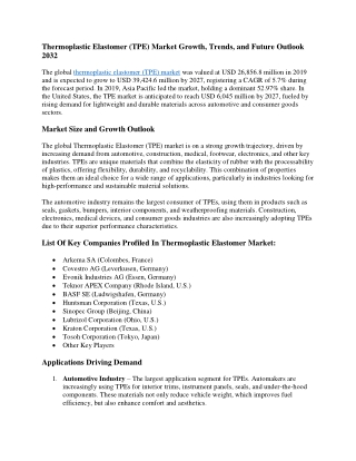 Thermoplastic Elastomer (TPE) Market Global Opportunities, Trends, Outlook & For