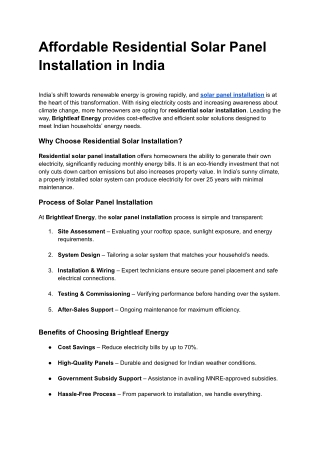 Affordable Residential Solar Panel Installation in India
