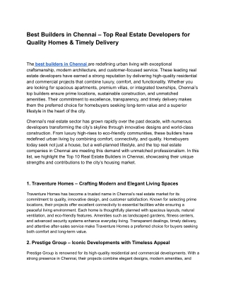 Best Builders in Chennai – Top Real Estate Developers for Quality Homes & Timely