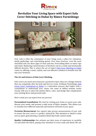 Revitalize Your Living Space with Expert Sofa Cover Stitching in Dubai by Rimex Furnishings