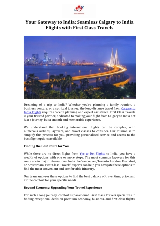 Your Gateway to India Seamless Calgary to India Flights with First Class Travels