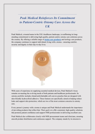 Peak Medical Reinforces Its Commitment to Patient-Centric Ostomy Care Across the UK