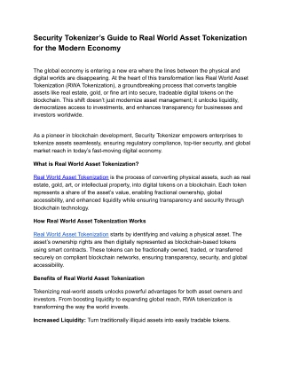 Security Tokenizer’s Guide to Real World Asset Tokenization for the Modern Economy