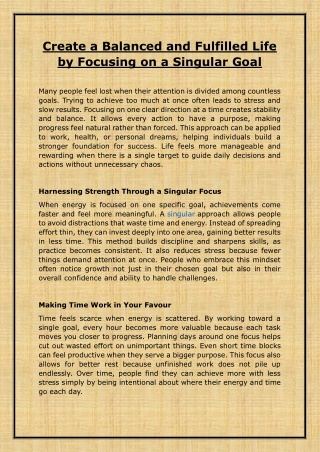 Create a Balanced and Fulfilled Life by Focusing on a Singular Goal