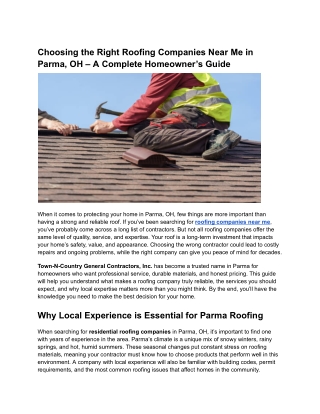Choosing the Right Roofing Companies Near Me in Parma, OH – A Complete Homeowner