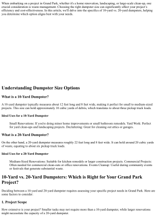 10-Yard vs. 20-Yard Dumpsters: Which is Right for Your Grand Park Project?