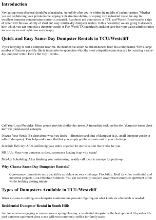 Quick and Easy Same-Day Dumpster Rentals in TCU/Westcliff