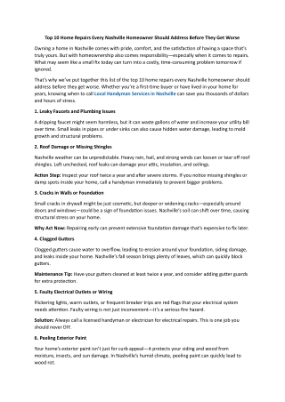 Top 10 Home Repairs Every Nashville Homeowner Should Address Before They Get Worse