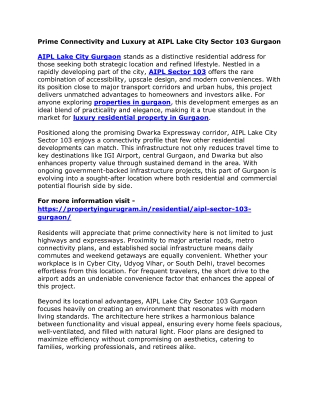 Prime Connectivity and Luxury at AIPL Lake City Sector 103 Gurgaon