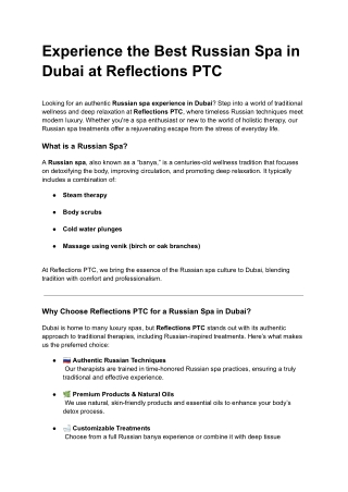 Experience the Best Russian Spa in Dubai at Reflections PTC