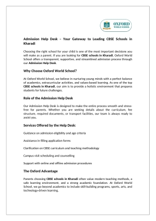 Admission Help Desk – Your Gateway to Leading CBSE Schools in Kharadi