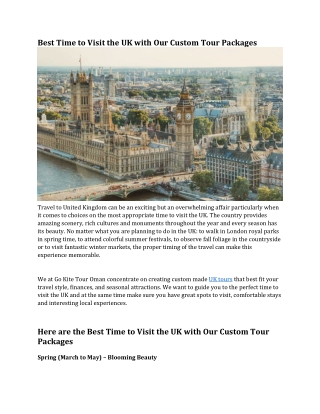 Best Time to Visit the UK with Our Custom Tour Packages