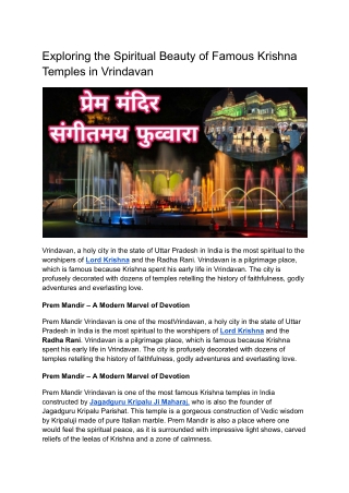 Exploring the Spiritual Beauty of Famous Krishna Temples in Vrindavan