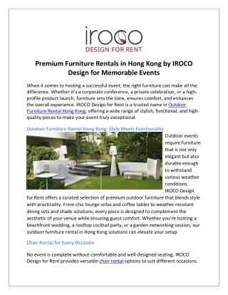 Premium Furniture Rentals in Hong Kong by IROCO Design for Memorable Events