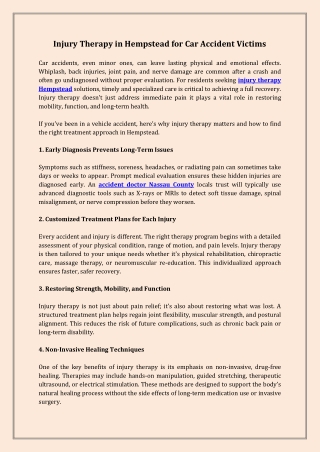 Injury Therapy in Hempstead for Car Accident Victims