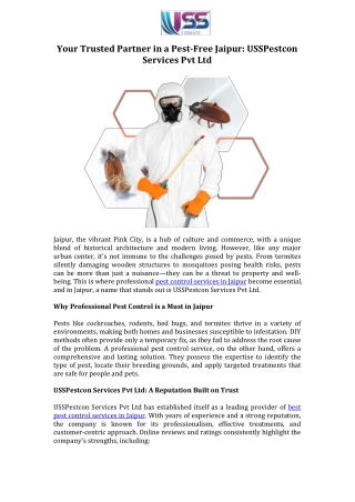 Your Trusted Partner in a Pest-Free Jaipur USSPestcon Services Pvt Ltd