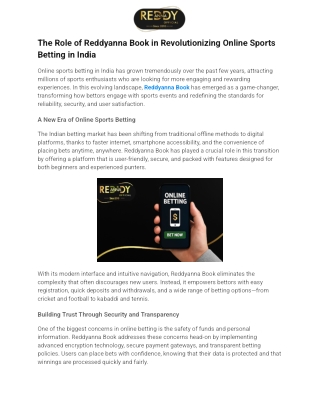The Role of Reddyanna Book in Revolutionizing Online Sports Betting in India