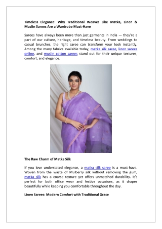 Timeless Elegance Why Traditional Weaves Like Matka, Linen & Muslin Sarees Are a Wardrobe Must-Have
