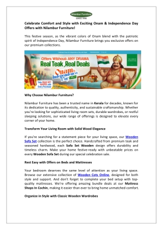 Celebrate Comfort and Style with Exciting Onam & Independence Day Offers with Nilambur Furniture!