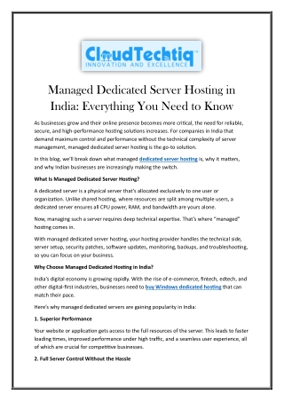 Managed Dedicated Server Hosting in India