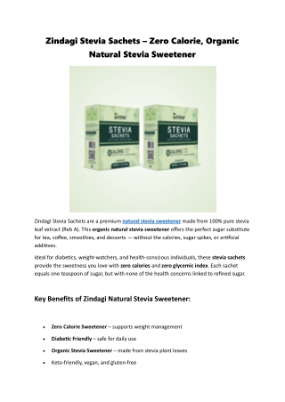 Zindagi Stevia 50X2 Sachets | Natural Stevia Sweetener Pack