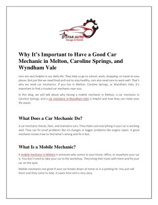 Why It’s Important to Have a Good Car Mechanic in Melton, Caroline Springs, and Wyndham Vale