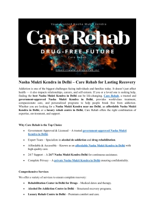 Affordable Nasha Mukti Kendra in Delhi with Expert Care