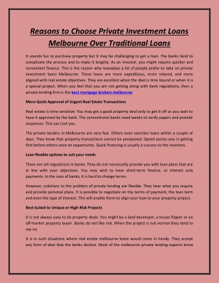Reasons to Choose Private Investment Loans Melbourne Over Traditional Loans