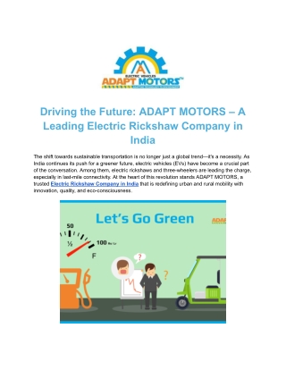 Premier E Rickshaw Manufacturing Company of Future