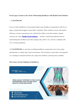 From Legacy Systems to the Cloud Modernizing Healthcare with Health Cloud Solutions VALiNTRY360