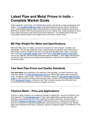 Latest Pipe and Metal Prices in India