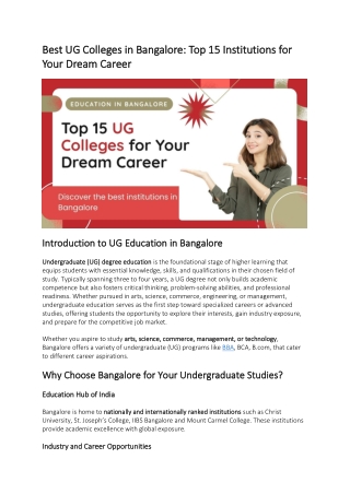 Best UG Colleges in Bangalore: Best UG Colleges in Bangalore: Top 15 Institution