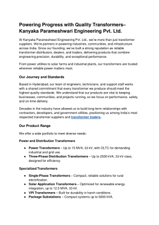 Powering Progress with Quality Transformers– Kanyaka Parameshwari Engineering