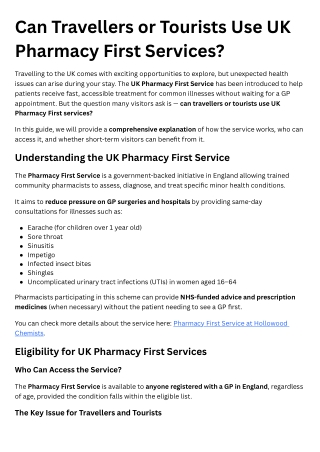 Can Travellers or Tourists Use UK Pharmacy First Services?