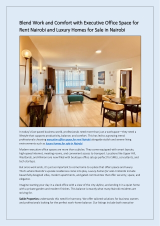 Blend Work and Comfort with Executive Office Space for Rent Nairobi and Luxury Homes for Sale in Nairobi