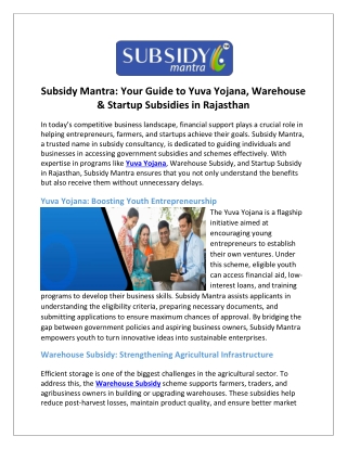 Subsidy Mantra Your Guide to Yuva Yojana, Warehouse & Startup Subsidies in Rajasthan