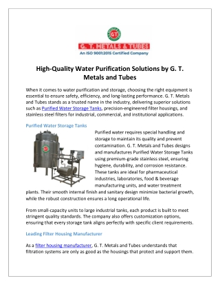 High-Quality Water Purification Solutions by G. T. Metals and Tubes