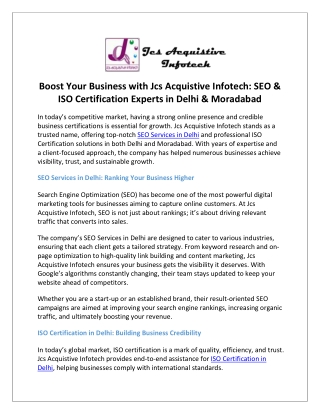 Boost Your Business with Jcs Acquistive Infotech SEO & ISO Certification Experts in Delhi & Moradabad