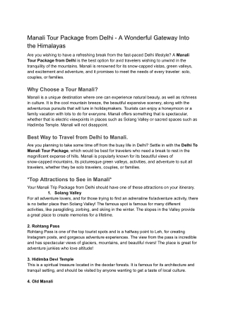 Delhi To Manali Tour Package