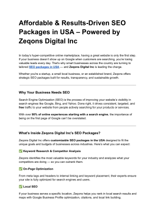 Affordable & Results-Driven SEO Packages in USA – Powered by Zeqons Digital Inc