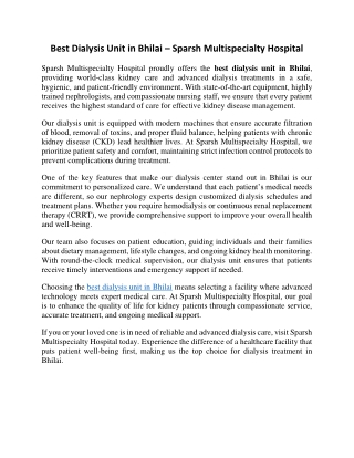 Best Dialysis Unit in Bhilai – Sparsh Multispecialty Hospital