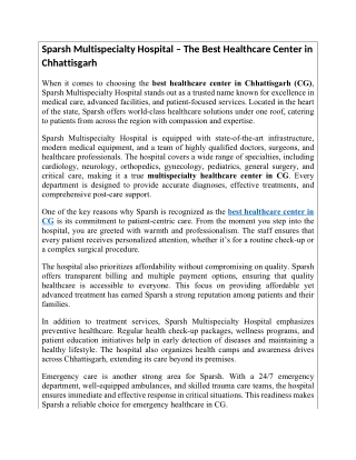 Sparsh Multispecialty Hospital – The Best Healthcare Center in Chhattisgarh