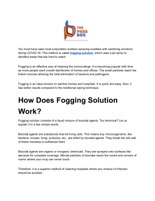 Fogging Solution for Disinfecting Homes or Hospitals