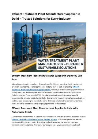 Effluent Treatment Plant Manufacturer Supplier in Delhi