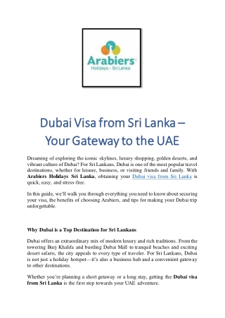 Dubai Visa from Sri Lanka – Your Gateway to the UAE
