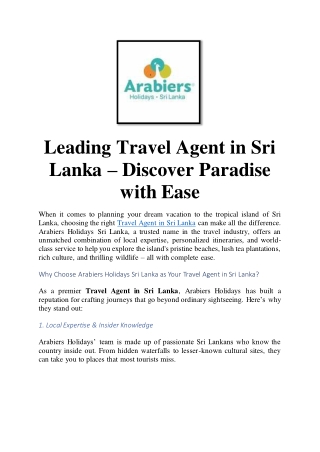 Leading Travel Agent in Sri Lanka – Discover Paradise with Ease