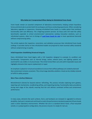 Why Safety Isn't Compromised When Opting for Refurbished Fume Hoods